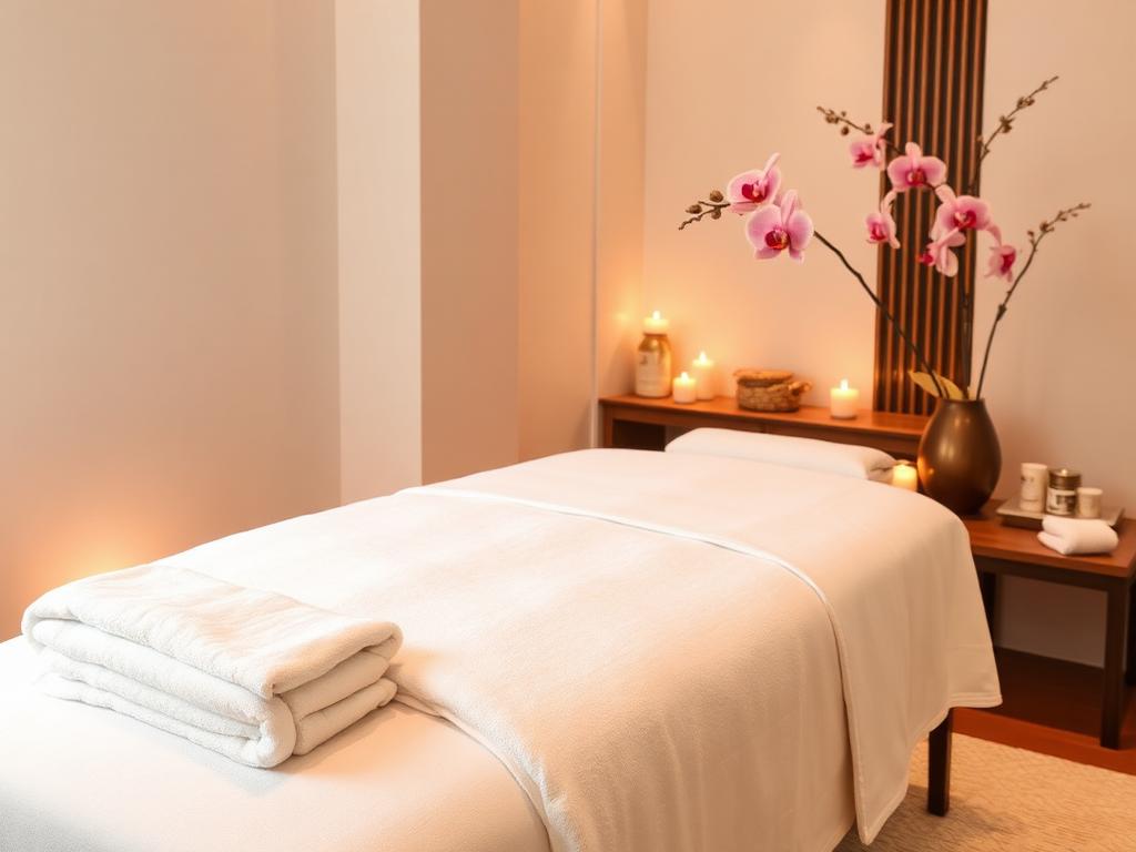 Private spa treatment room with candles and orchids