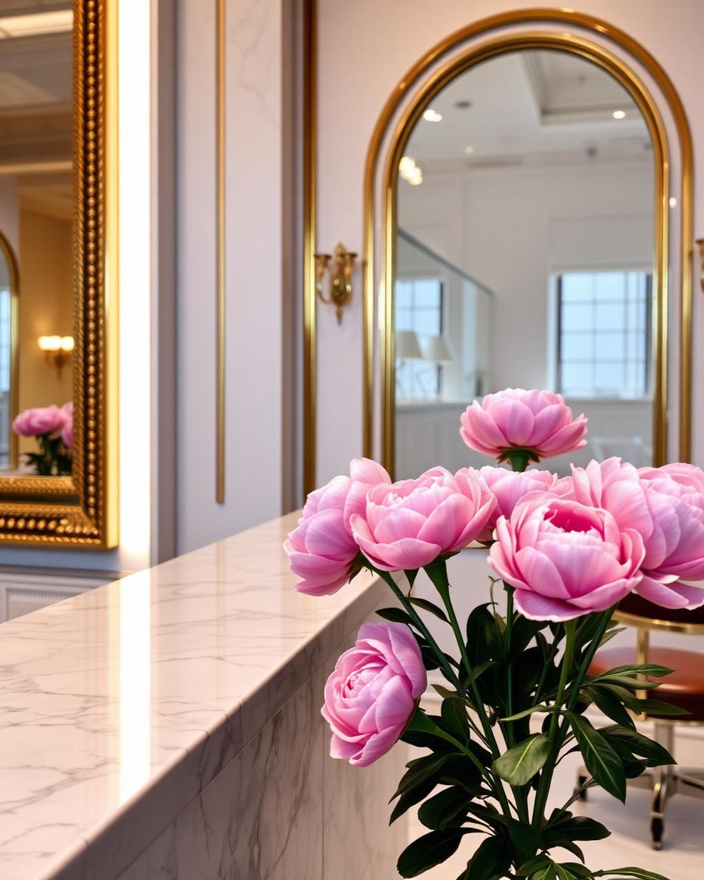 Marble reception desk with peonies at Luxe Beauty Salon